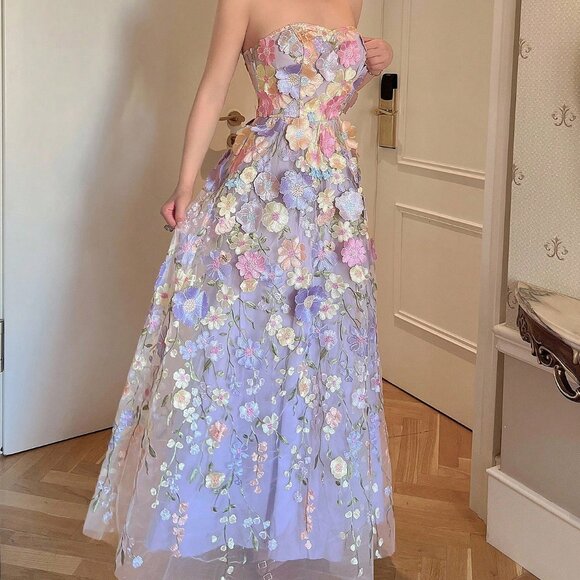 Mauve Purple Elegant Women's Embroidered Tulle Waist Cinching Sleeveless Dress - Picture 5 of 6